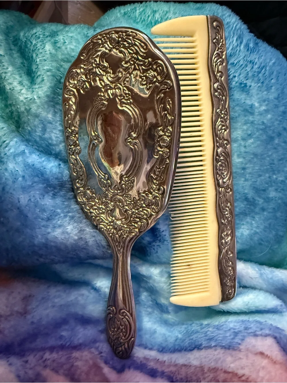 Vintage Ornate Silver-Tone Hair Brush & Ivory Comb Set - Decorative Vanity Duo